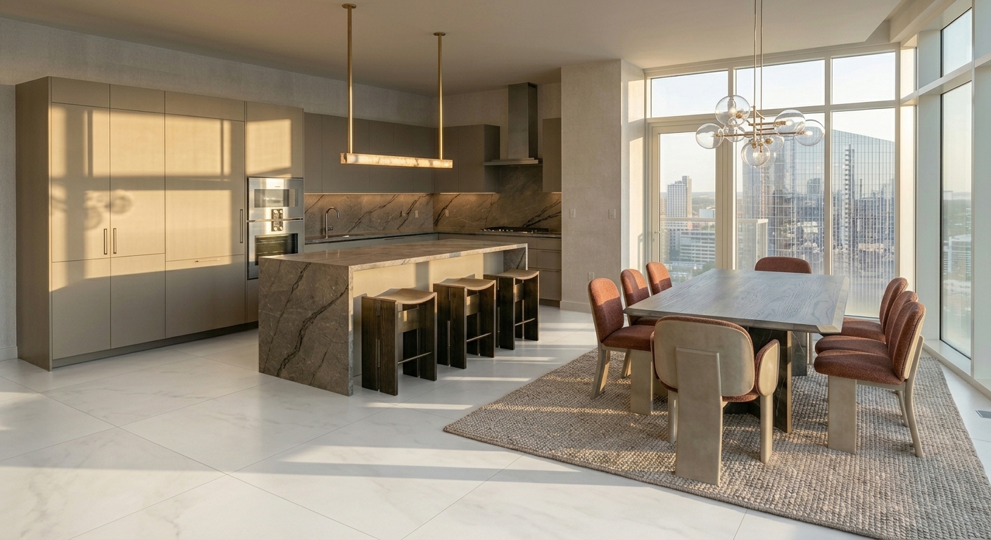 Arabella residence the long view: kitchen and dining held in one wide daylight frame, the Platium W table on a woven rug beneath the Bolle pendant, floor-to-ceiling glass onto the Houston skyline.