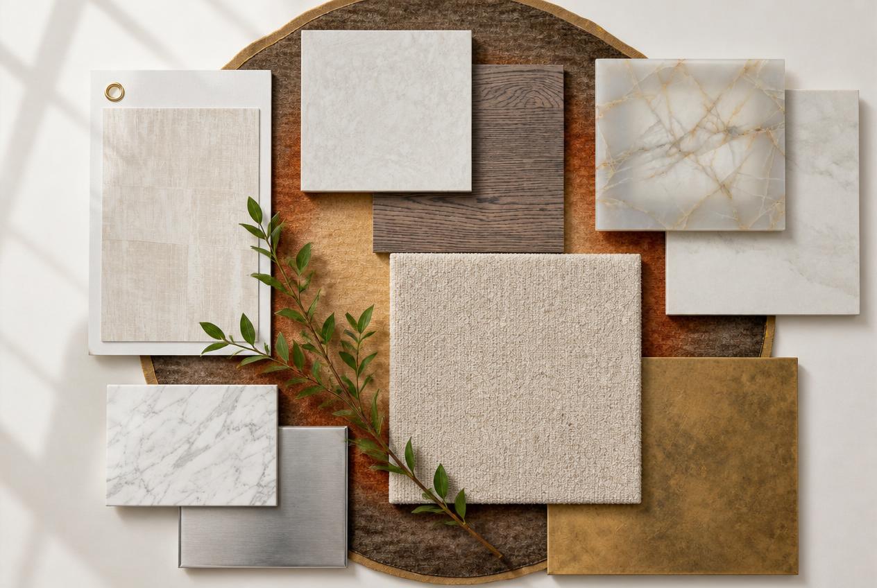 Arabella seating area materials board: ivory bouclé, gold onyx, weathered oak, Carrara marble, brushed metal, brass, and a soft beige carpet on a woven runner.