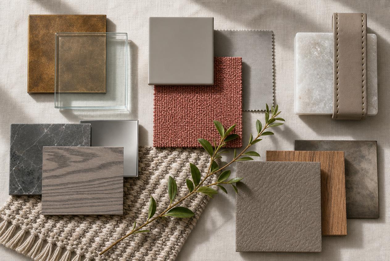 Arabella kitchen and dining materials board: aged brass, terracotta bouclé, cool grey marble, weathered oak, saddle leather, taupe stone, and a chunky oatmeal weave.