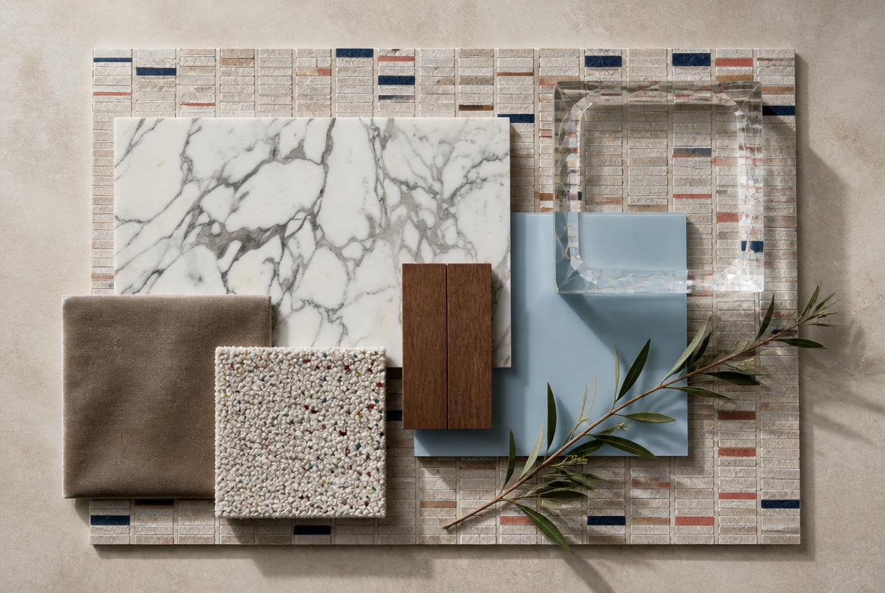 Kirby residence materials board: Calacatta marble, taupe velvet, cream flecked bouclé, smoked glass, hide leather, and high-gloss lacquer samples.
