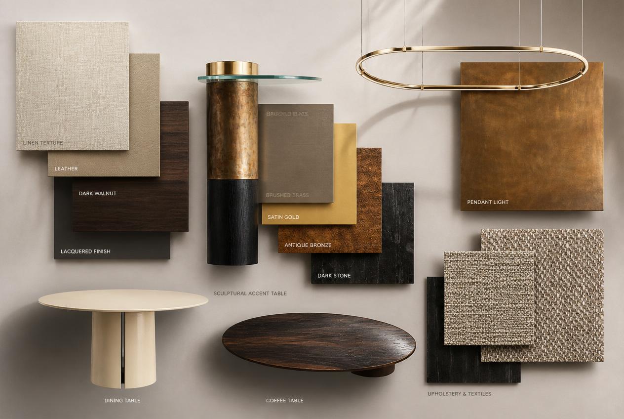Memorial residence materials board: linen texture, leather, dark walnut, lacquered finish, sculptural accent table in brass and dark wood, brushed brass pendant, satin gold, antique bronze, dark stone, cream pedestal dining table, dark walnut coffee table, and tweed upholstery samples.