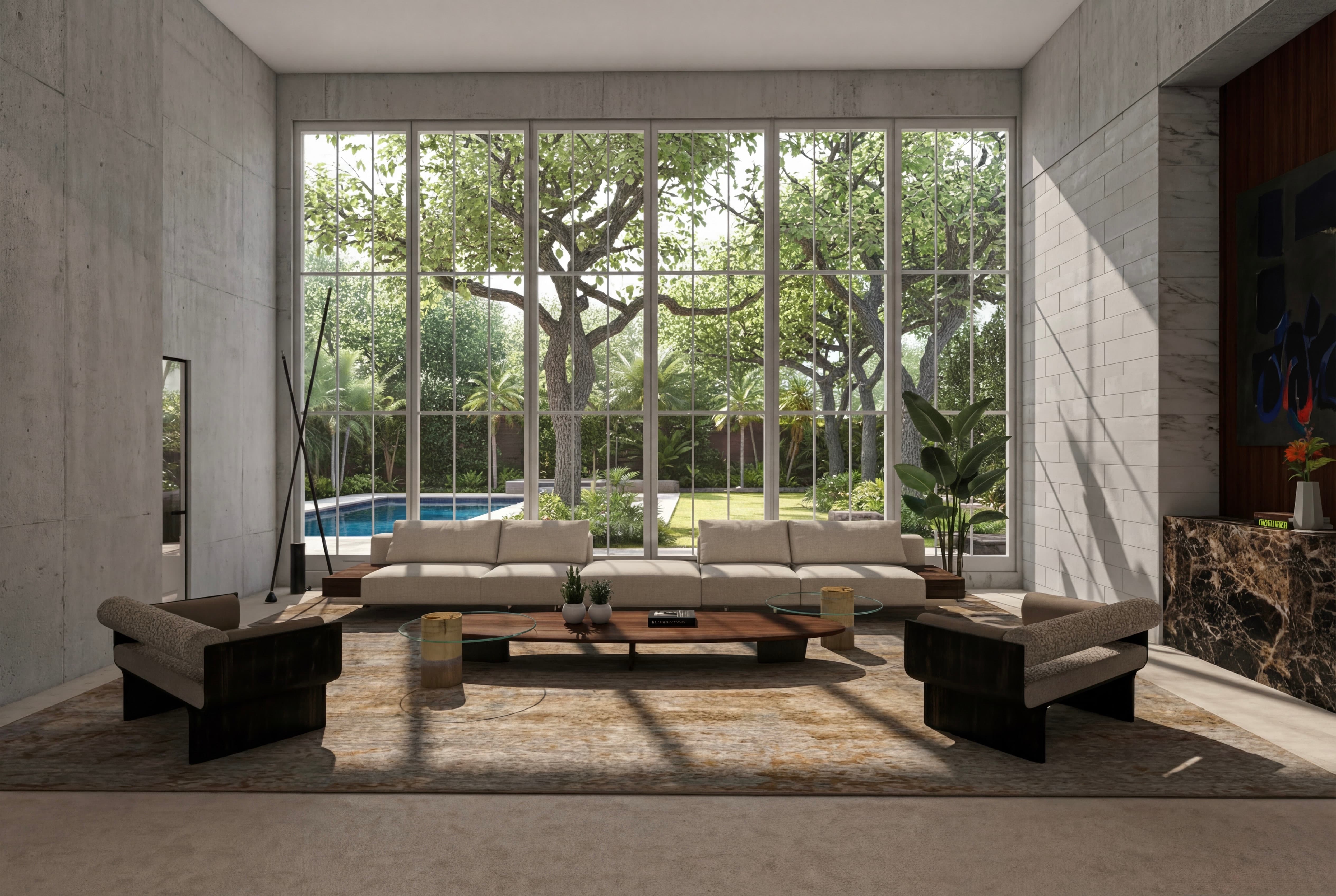 Memorial residence great room render: stone block walls, floor-to-ceiling glass to the pool and garden, low cream sectional and chunky wood-base lounge chairs around live-edge tables.