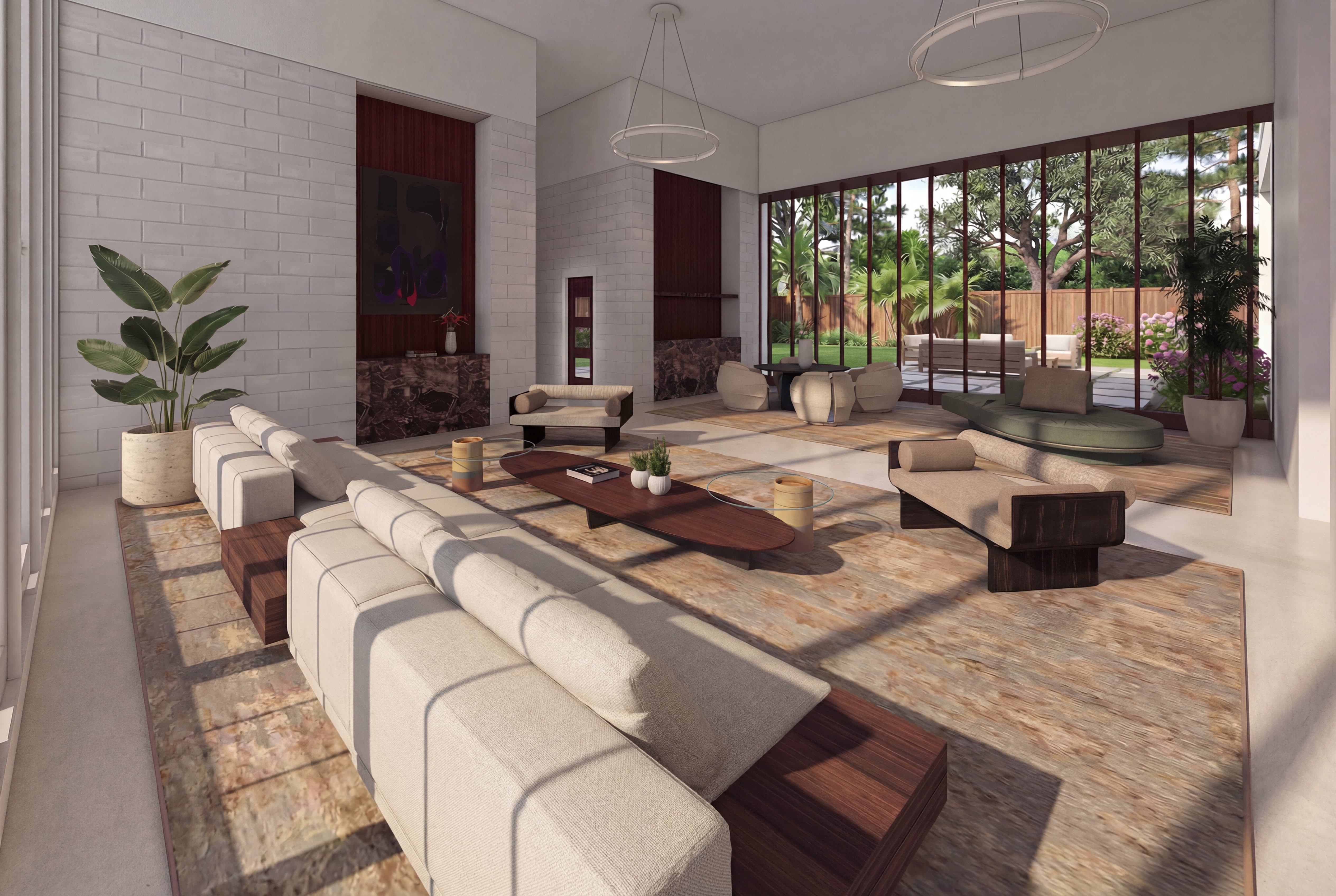 Memorial residence great room composition: cream sectional facing the dark stone hearth, twin arc pendants overhead, layered area rugs over travertine.