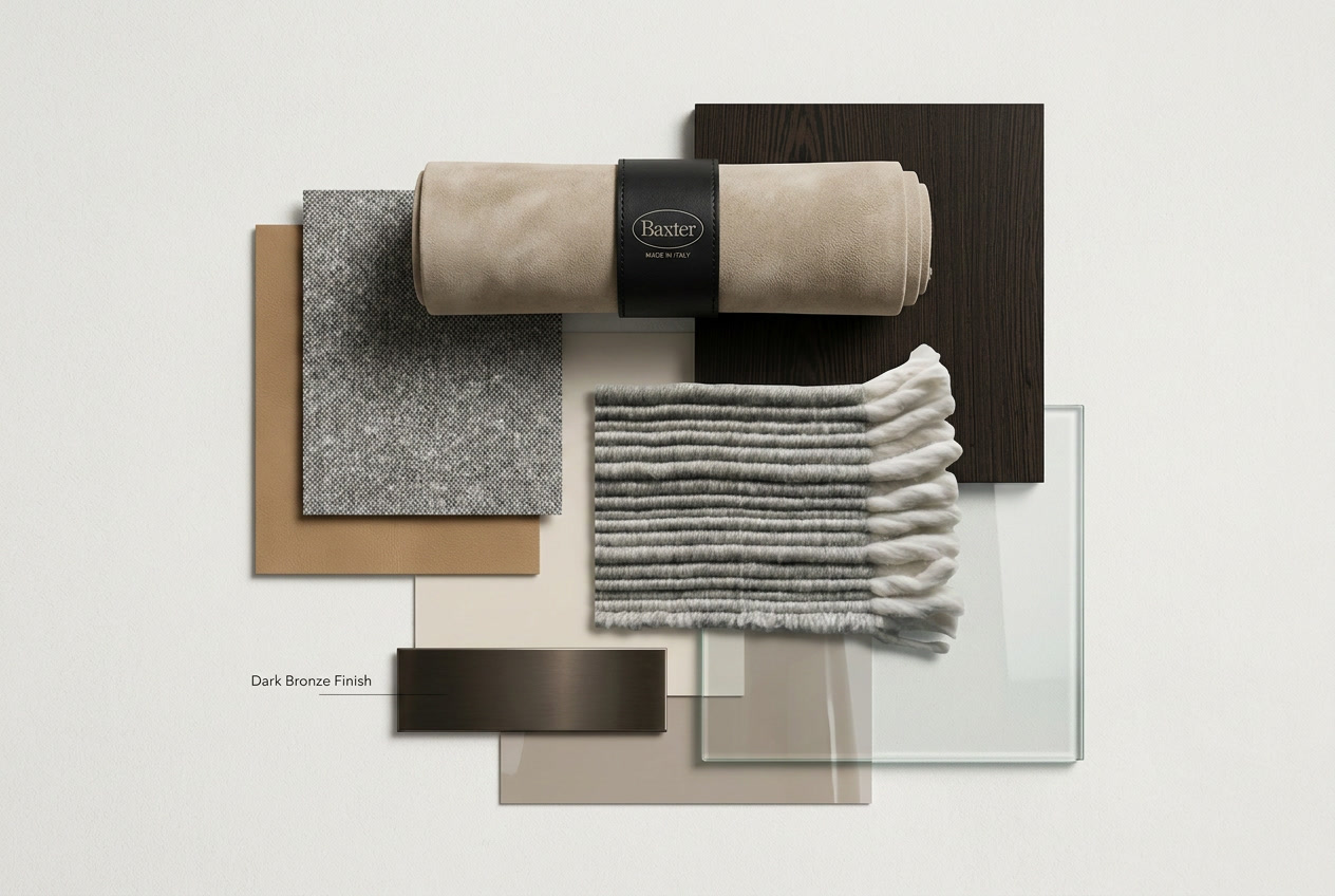 Bedroom materials board: cognac leather, dark bronze metal finish, smoked glass, dark oak veneer, wool throw.