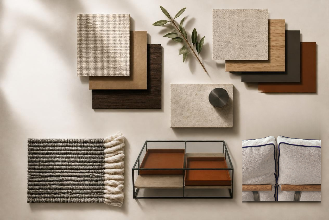 Living room materials board: linen bouclé, oak veneer, leather trays, travertine slab, and woven wool rug.