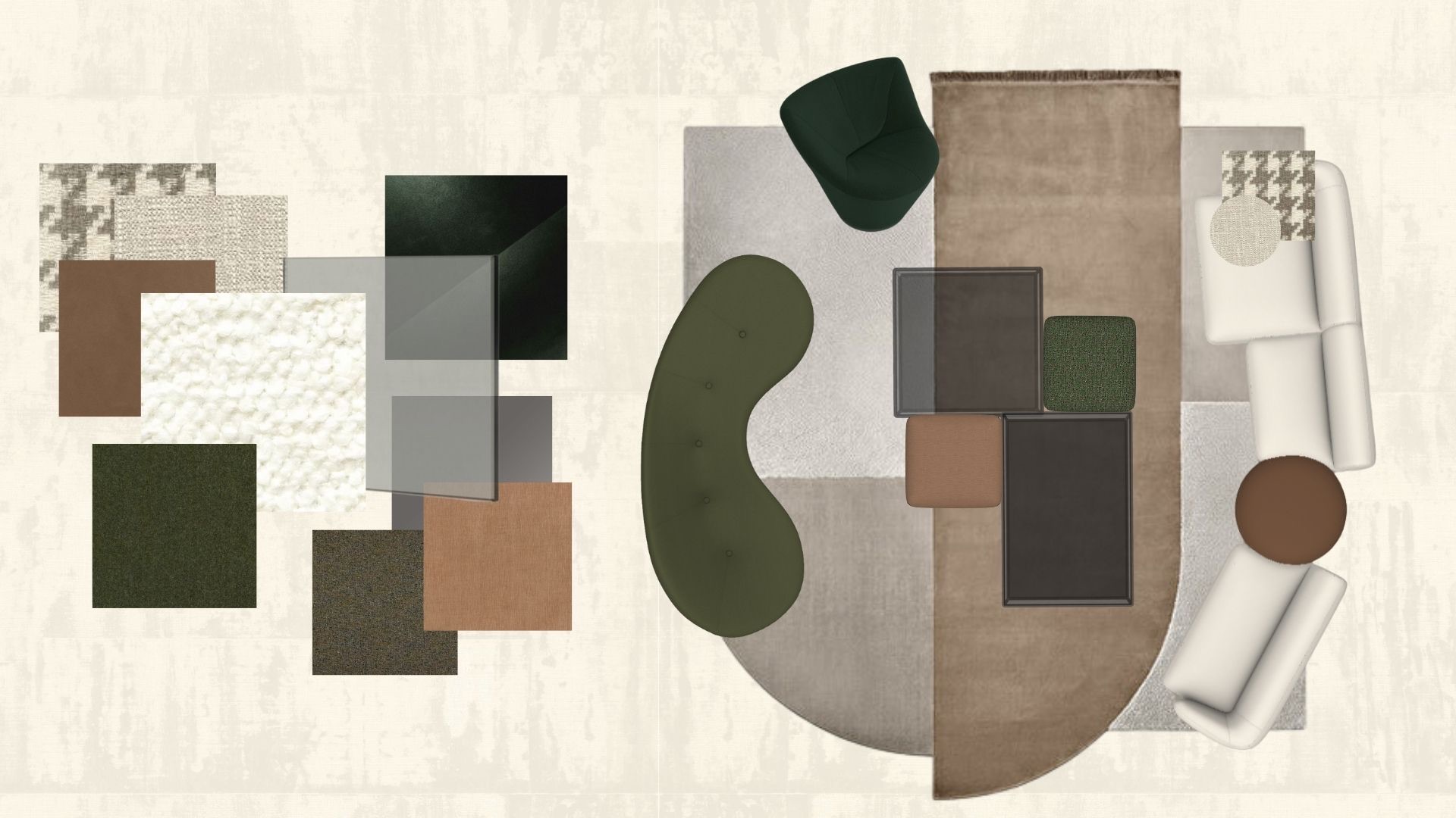 Montrose concept design, plan view of furniture composition with olive lounge, cream sectional, smoked glass tables, and layered rugs.