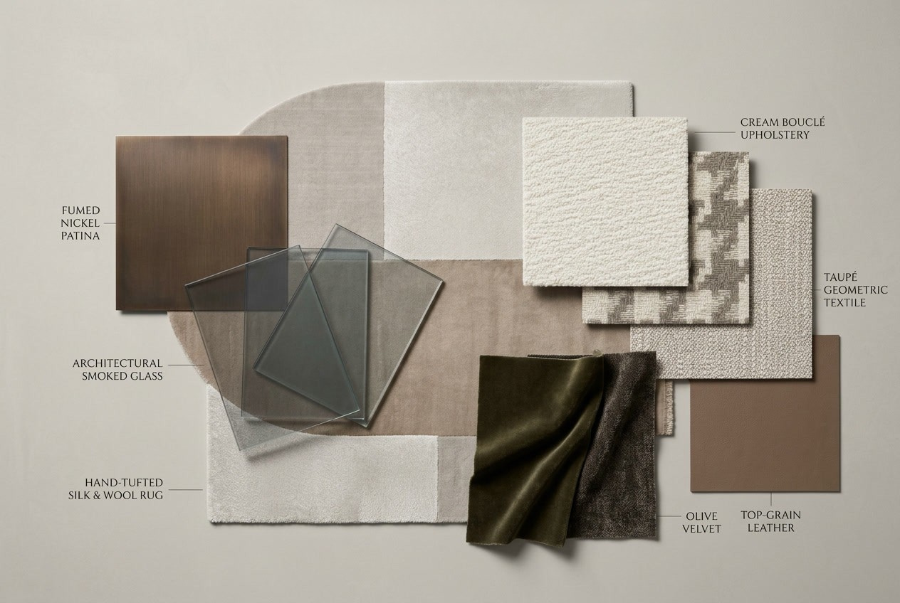 Montrose residence materials board: cream bouclé, smoked glass, fumed nickel, olive velvet, top grain leather, taupé geometric textile, and silk wool rug.