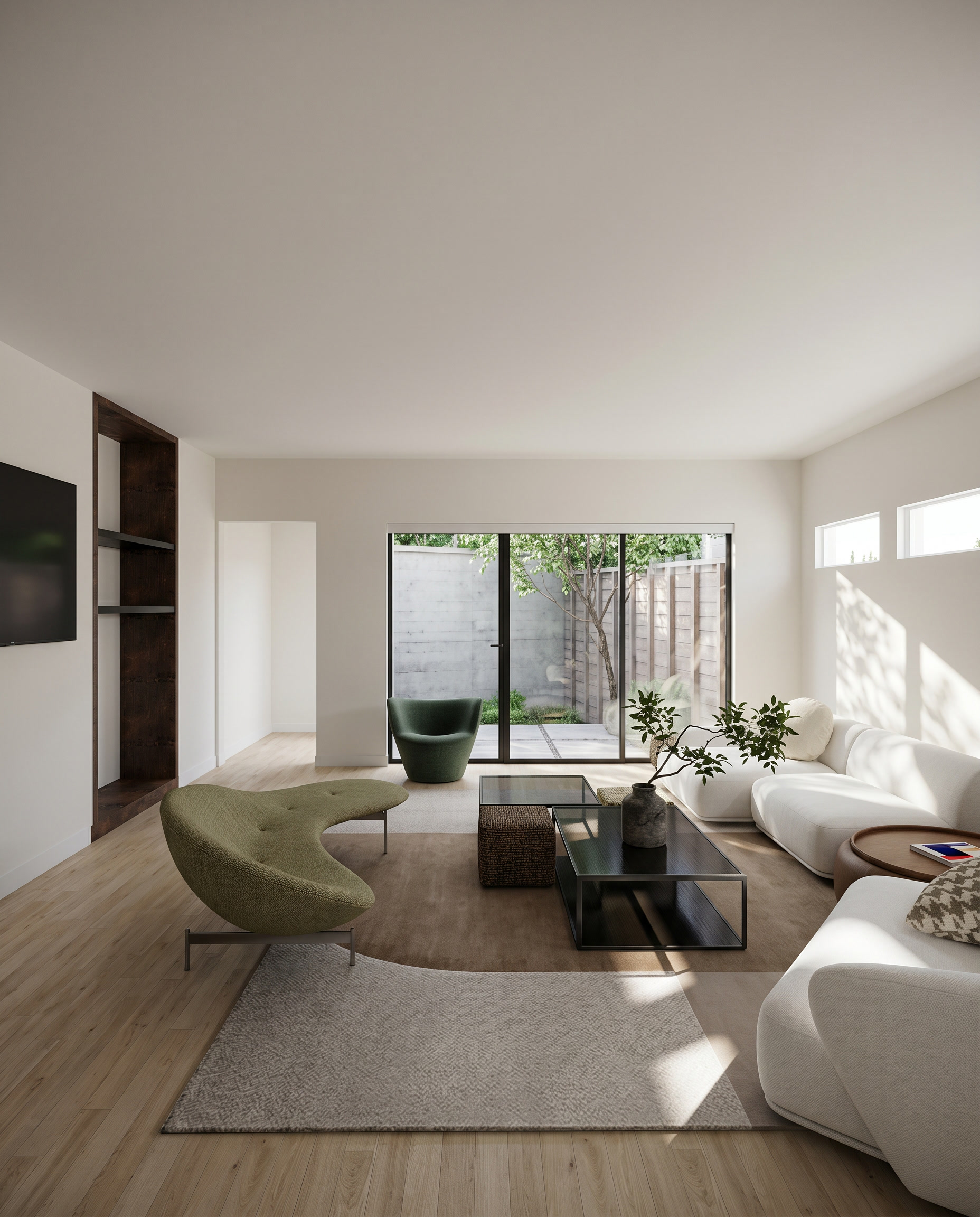 Montrose residence, living room render with sculptural olive lounge and white sectional.