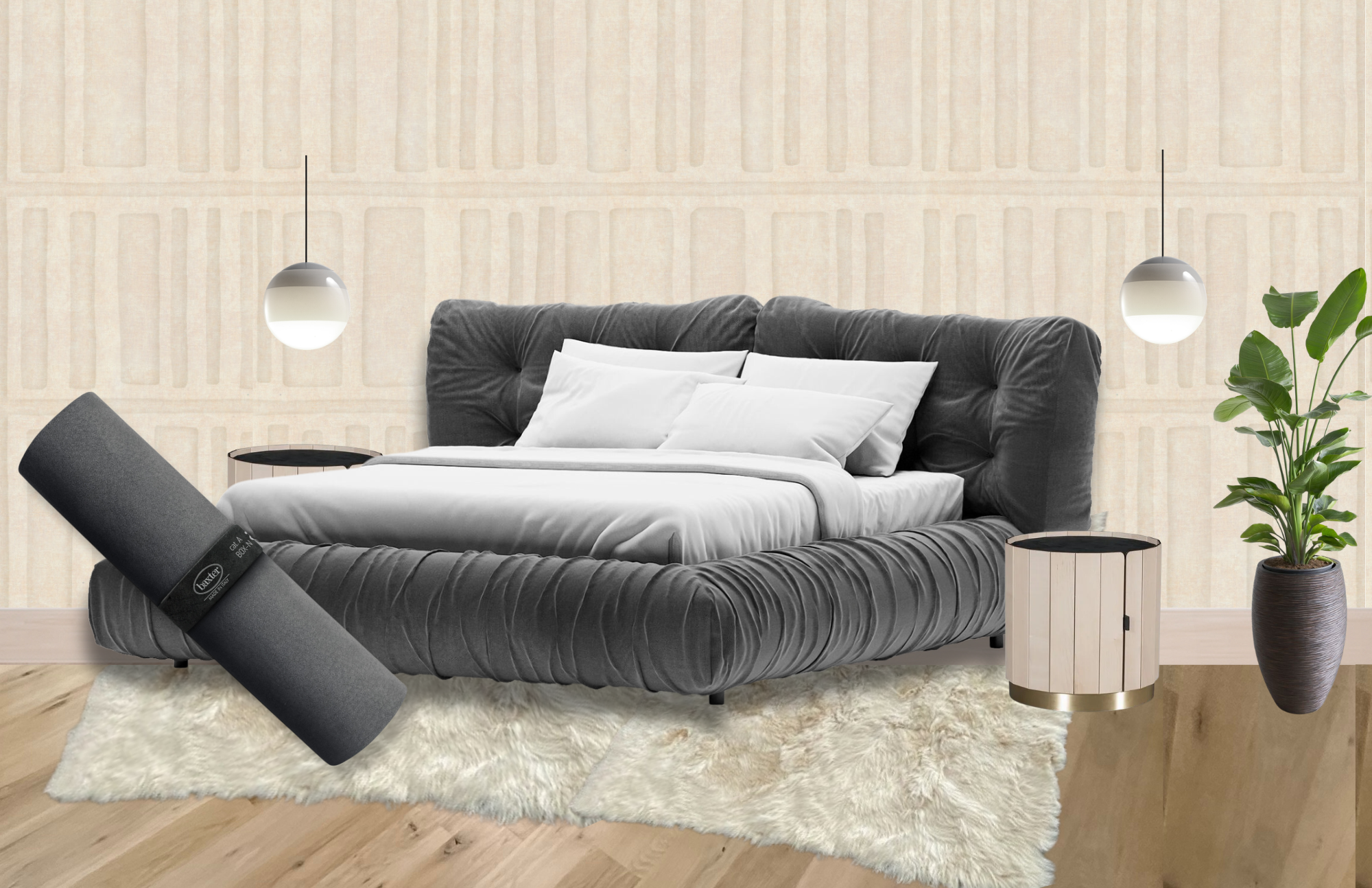 Mendez residence primary suite composition: tufted grey velvet platform bed, fluted plaster nightstands, twin pendants, and a layered shag rug.