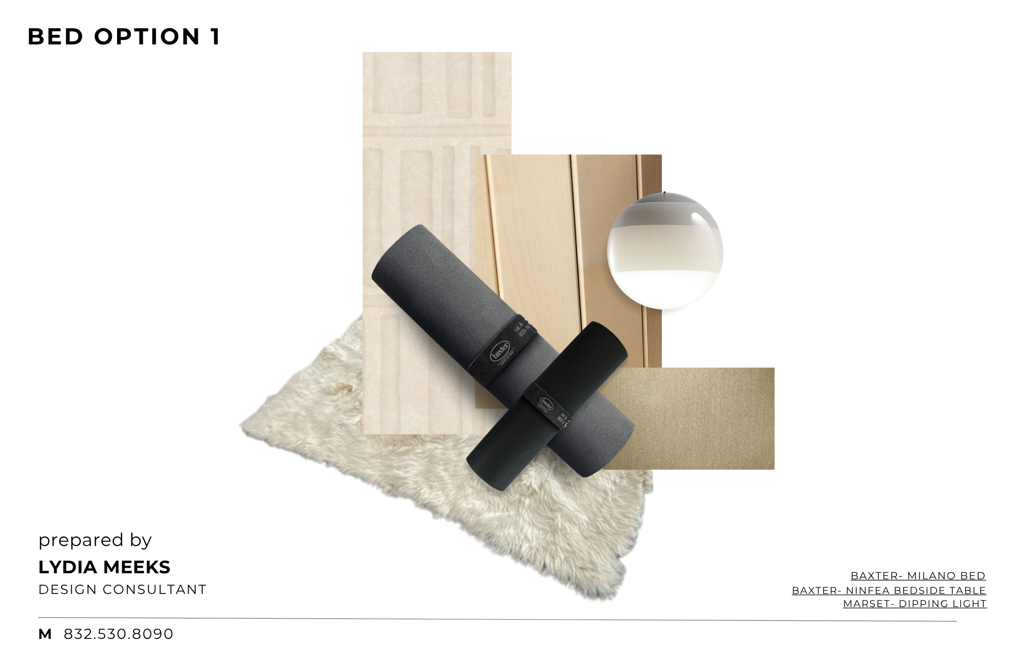 Mendez bedroom materials board: bed option presentation with Baxter Milano bed, Baxter Ninfea bedside, Marset Dipping light, and a layered shag rug.