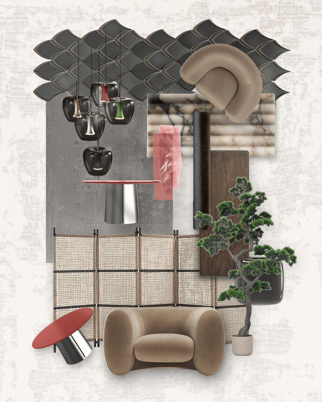 Portfolio mood board: a layered composition of fabric, stone, and finish samples assembled around a single feeling.