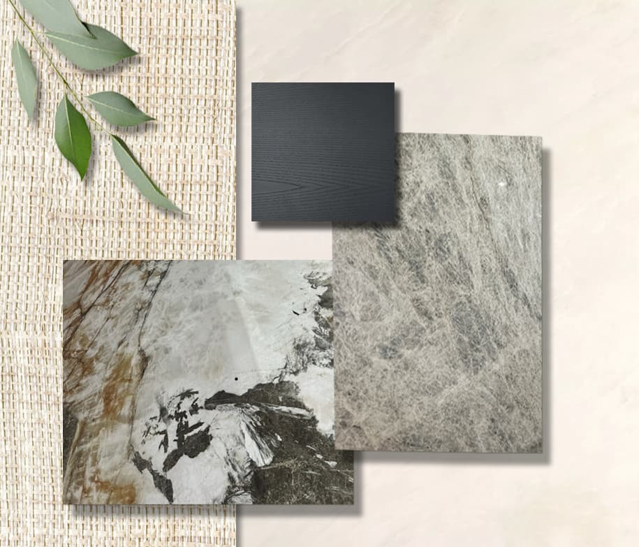 West University materials option 01: woven raffia, oak veneer, mountain marble with rust veining, and a quiet grey marble.