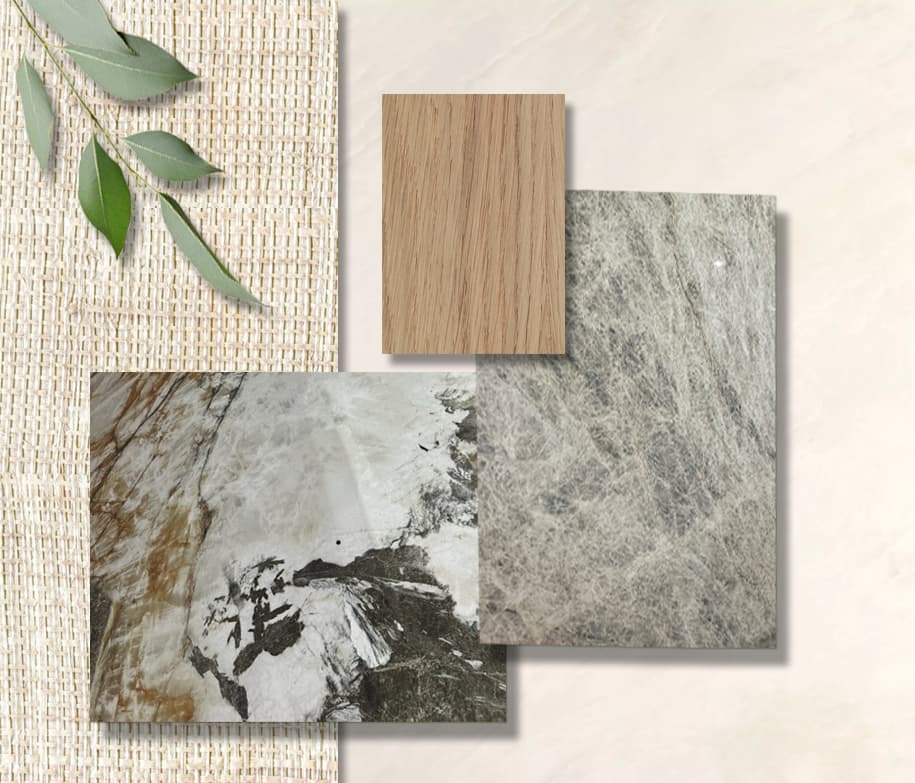 West University materials option 02: paired stone and finish samples for the second option.