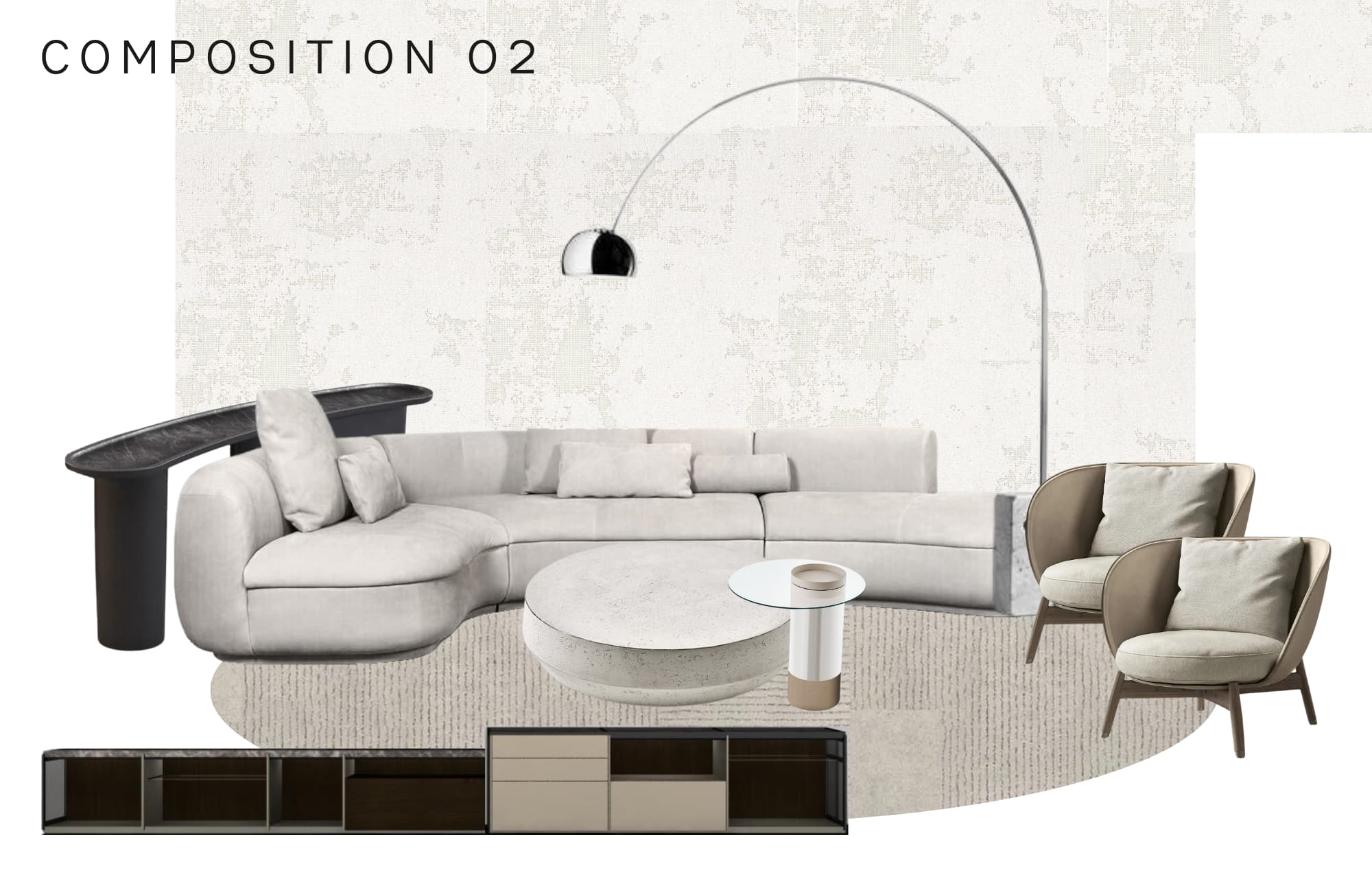 West University composition 02: cream curved sectional, two linen accent chairs, a low concrete coffee table, and a long dark credenza grounding the floor.