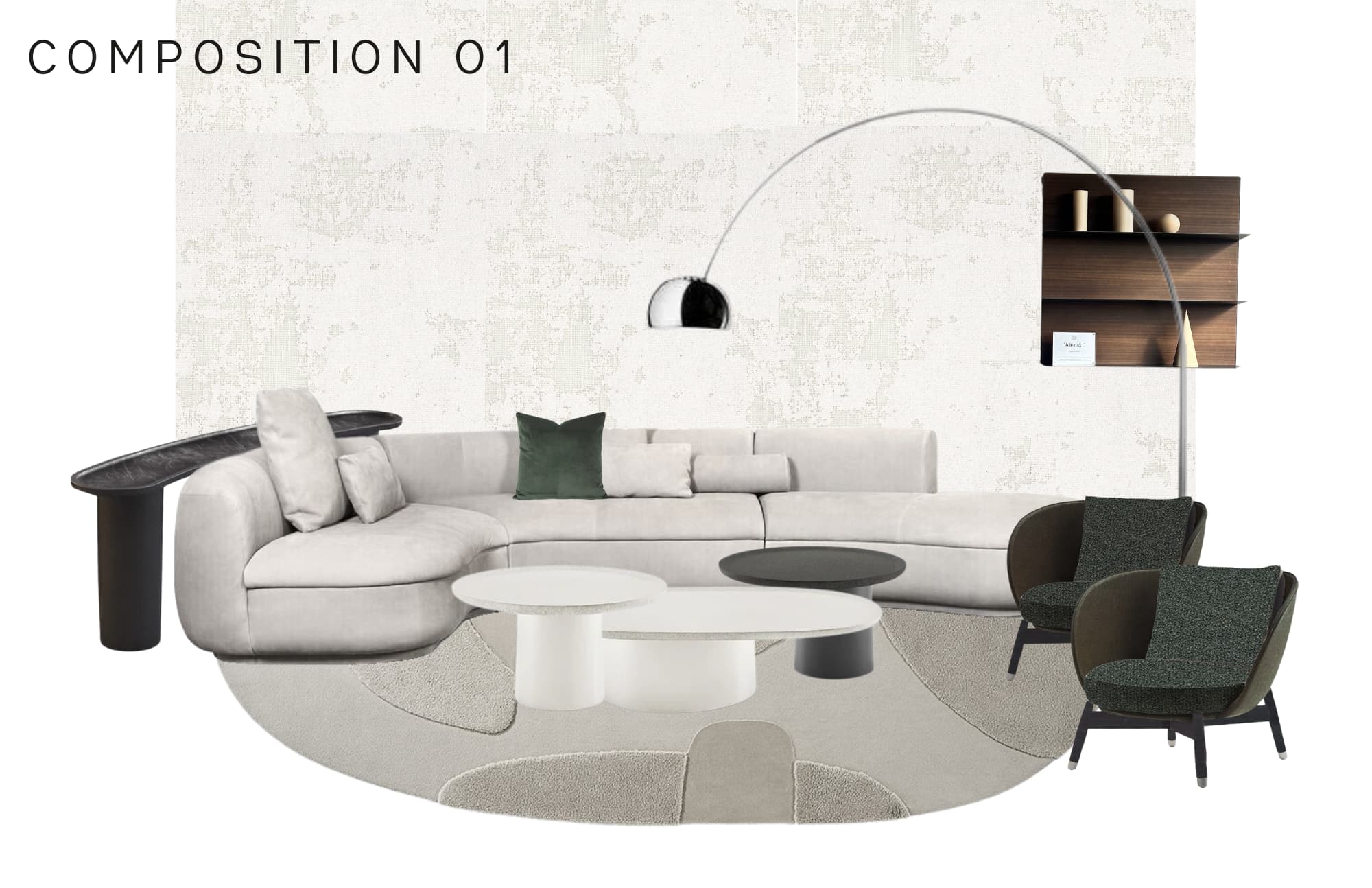 West University composition 01: cream curved sectional, forest green velvet wing chairs, dual round coffee tables, and a chrome arc lamp.