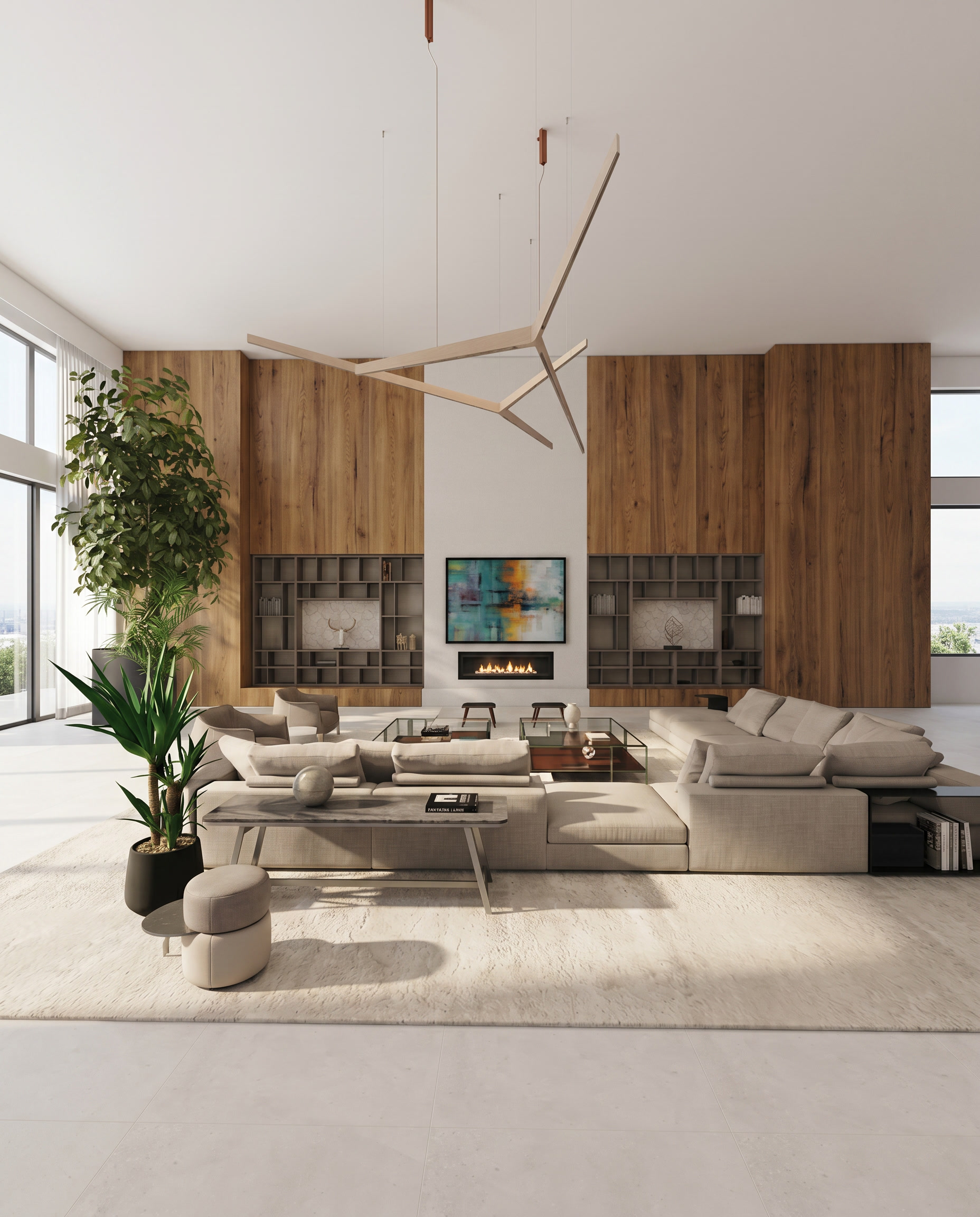 River Oaks residence, double-height great room render, clerestory angle.