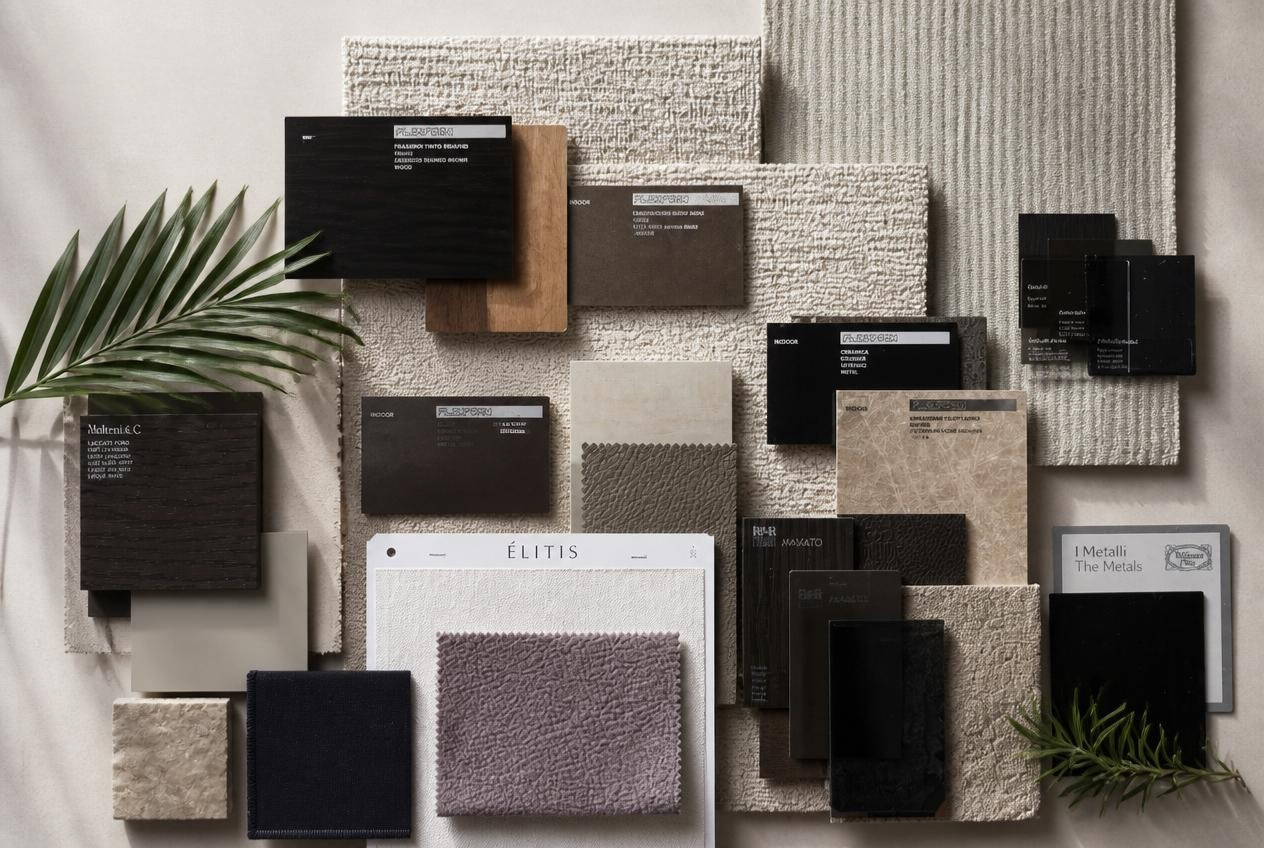 River Oaks materials board: bouclé, ribbed wool, blackened oak, travertine, leather, and metal swatches.