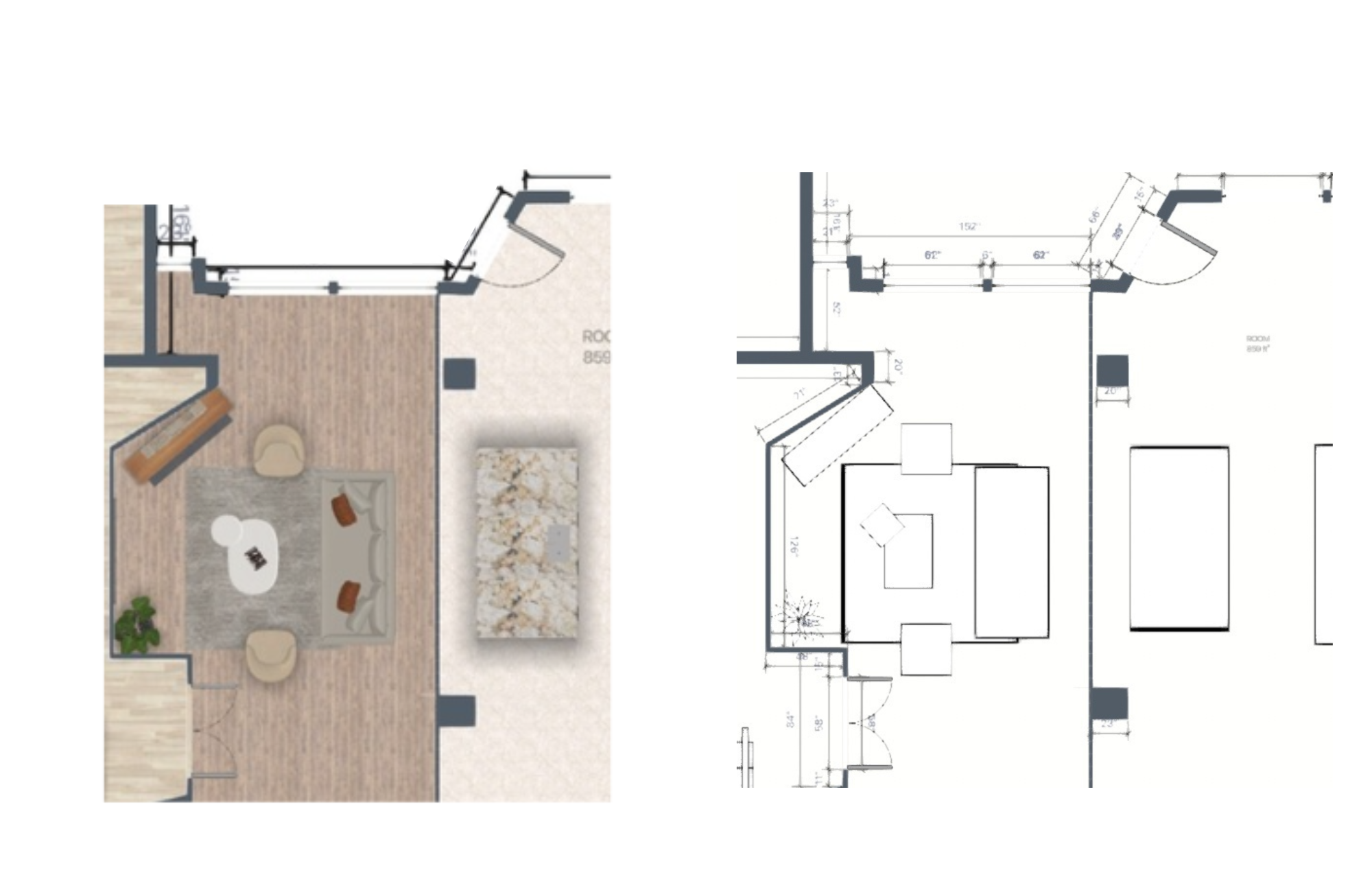 Spring residence great room floor plan, rendered and dimensioned views.
