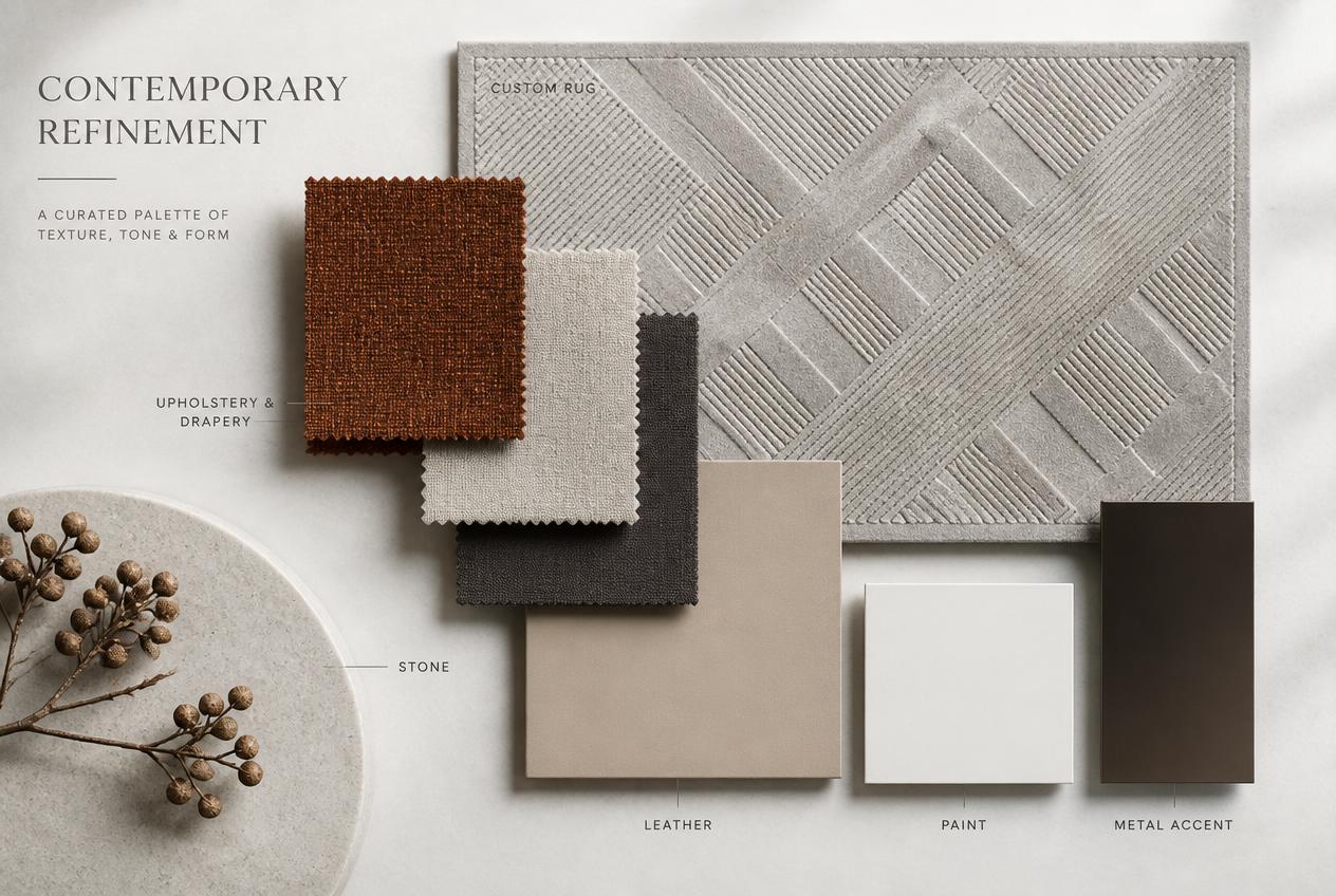 Spring residence materials board: contemporary refinement palette of texture, tone, and form.