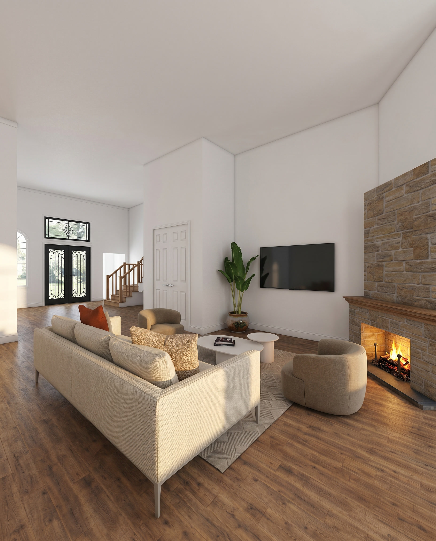 Spring residence, great room render with stone fireplace and double-height ceiling.